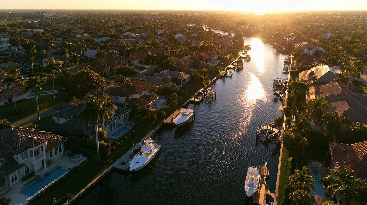 Aerial view of canal-front homes and screened pools in Southwest Florida