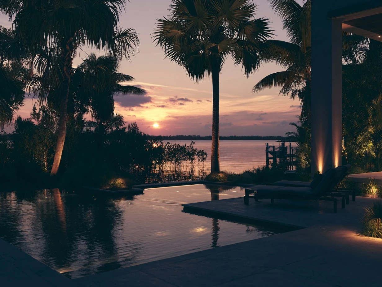 A waterfront pool at dusk with palms and a bay beyond, the lit deck edge running along the near side