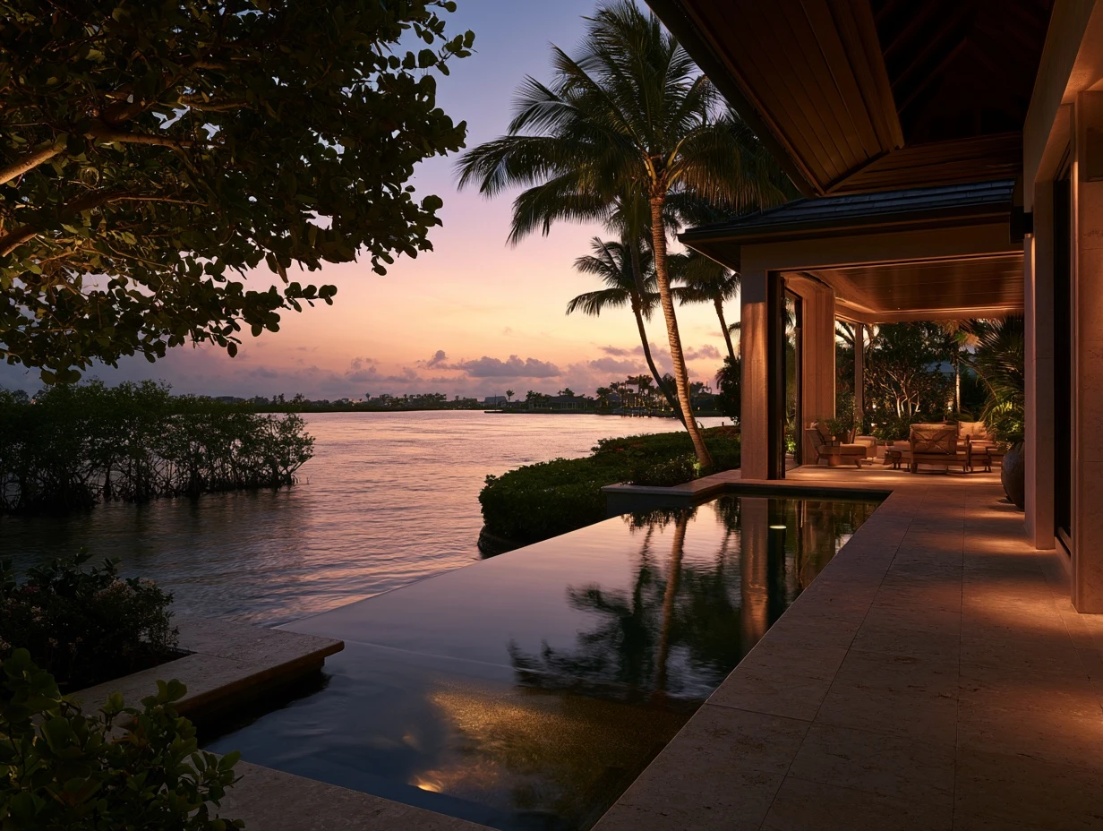 A Naples pool at dusk with the tile line, coping and deck all visible along the near edge