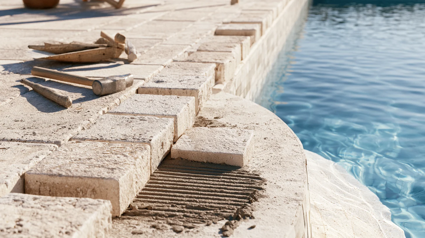 Travertine coping being set on a pool edge, tools resting on the deck beside fresh mortar