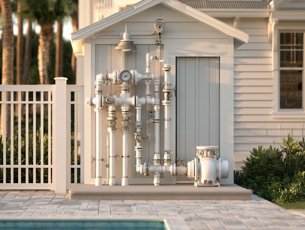 A pool equipment pad in Southwest Florida with pump, filter and valves plumbed together