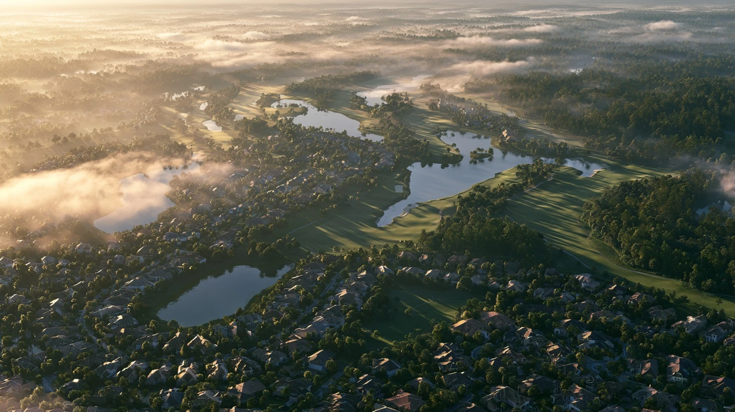 Sunrise over a quiet Southwest Florida golf community with a screened pool in the foreground
