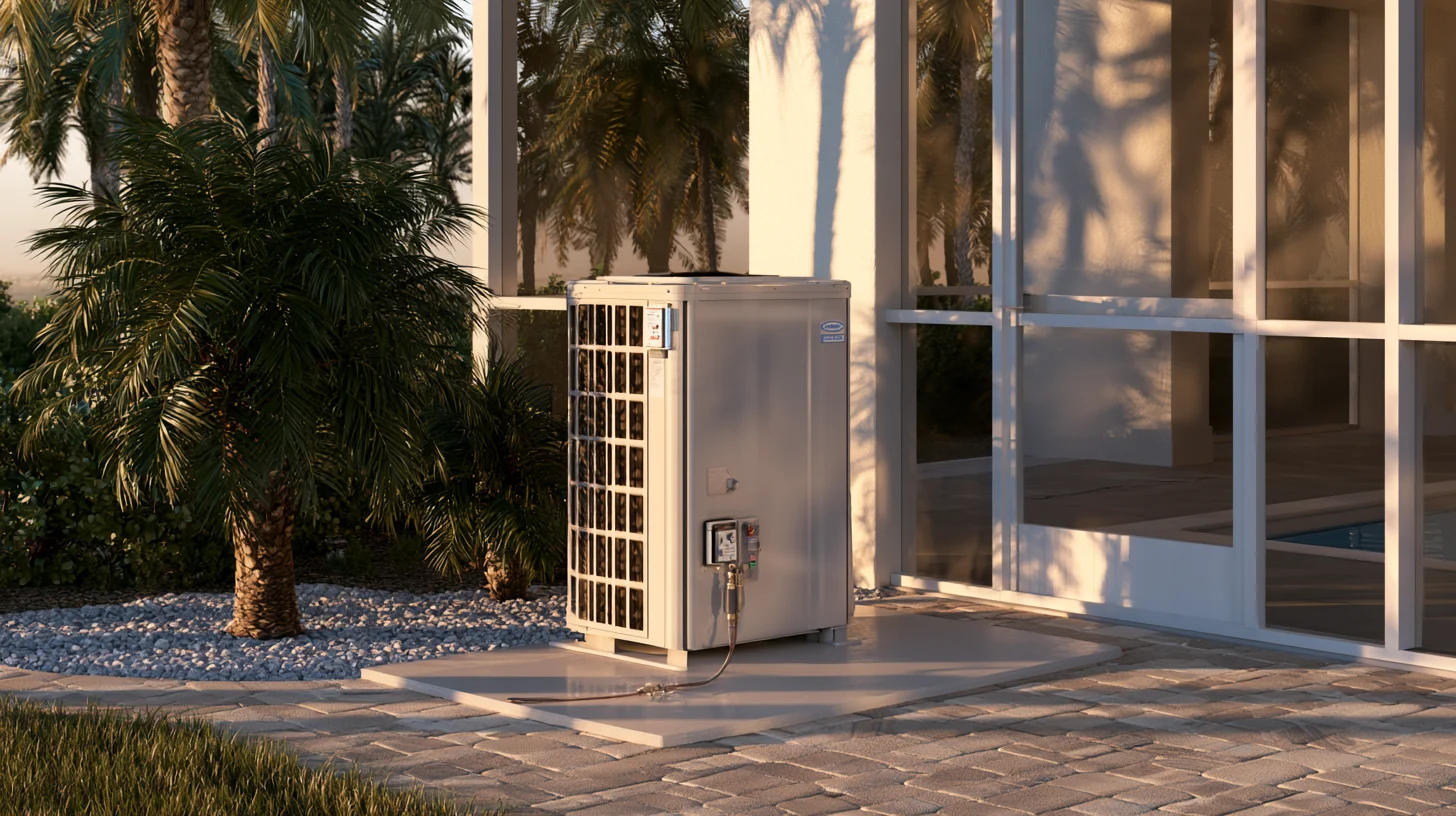 A pool heat pump and plumbing on a Southwest Florida equipment pad