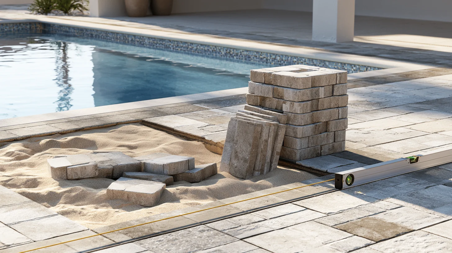 Pavers lifted and stacked on a pool deck, exposing the sand bedding layer