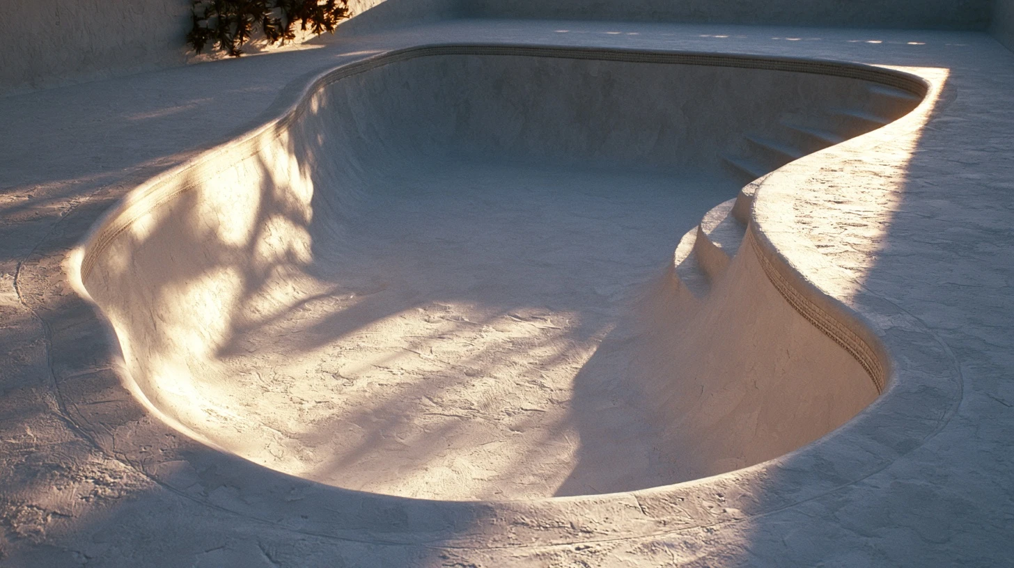 An empty pool shell in low evening light, interior surface and step edges clearly readable