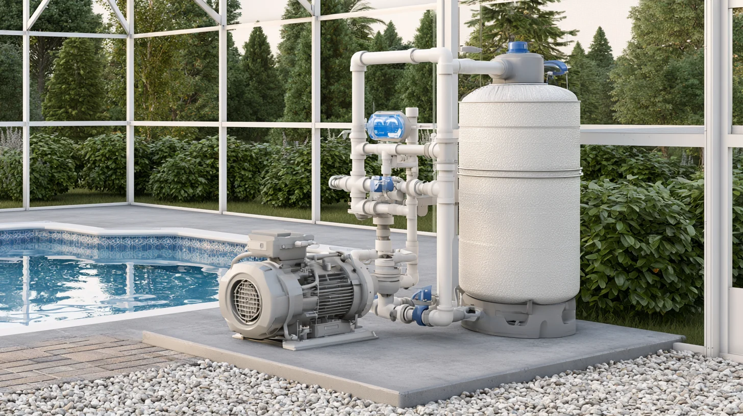 A pool equipment pad with pump and filter plumbing beside a Southwest Florida home