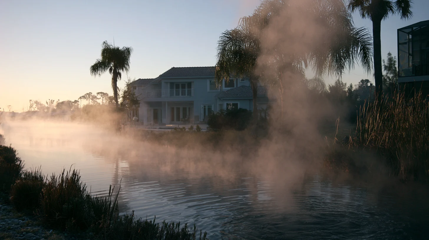 Steam rising off a heated pool at dawn beside a Florida canal home