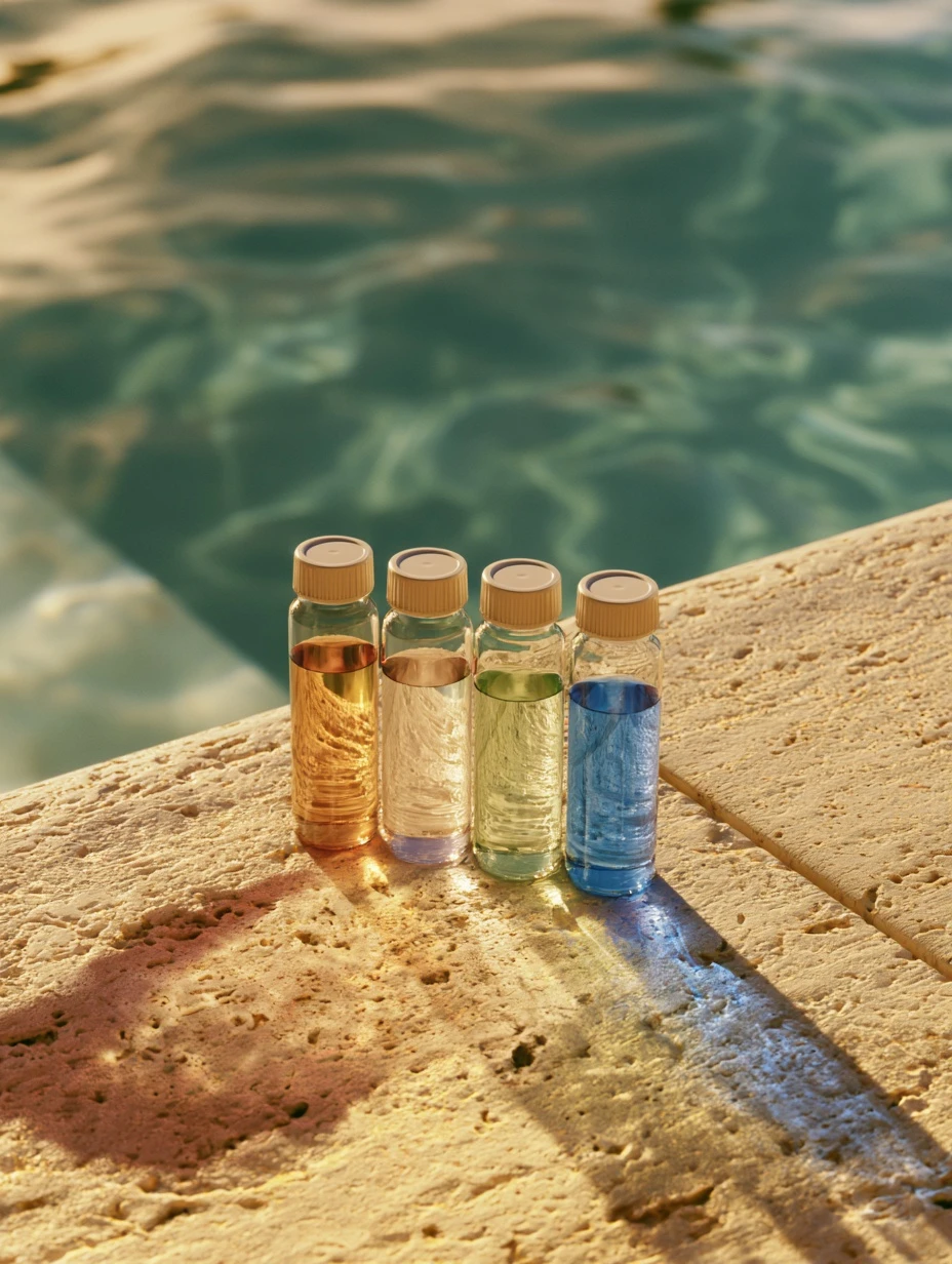 Water test vials lined up on pool coping in low sun