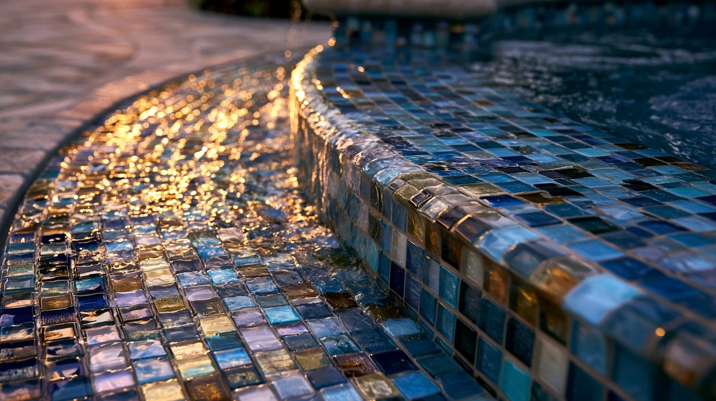 The tiled band at the waterline of a Southwest Florida pool, with water spilling across it