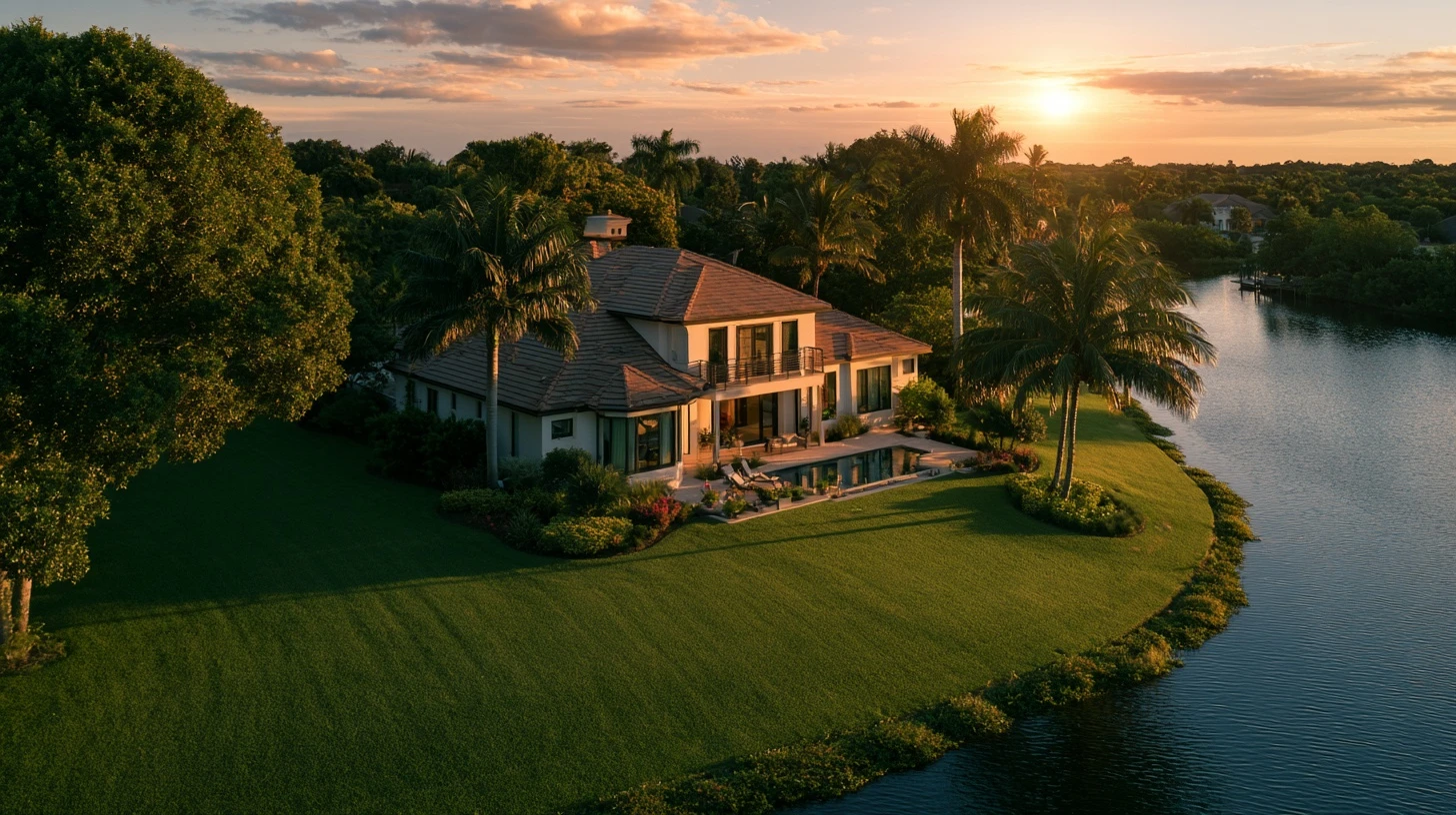 Aerial view at sunset of a waterfront Naples home, its pool deck and the lawn running to the water