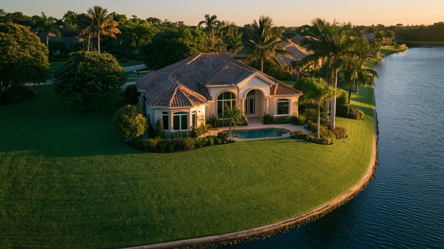Aerial view of a waterfront Southwest Florida home with a small pool beside open water at sunrise