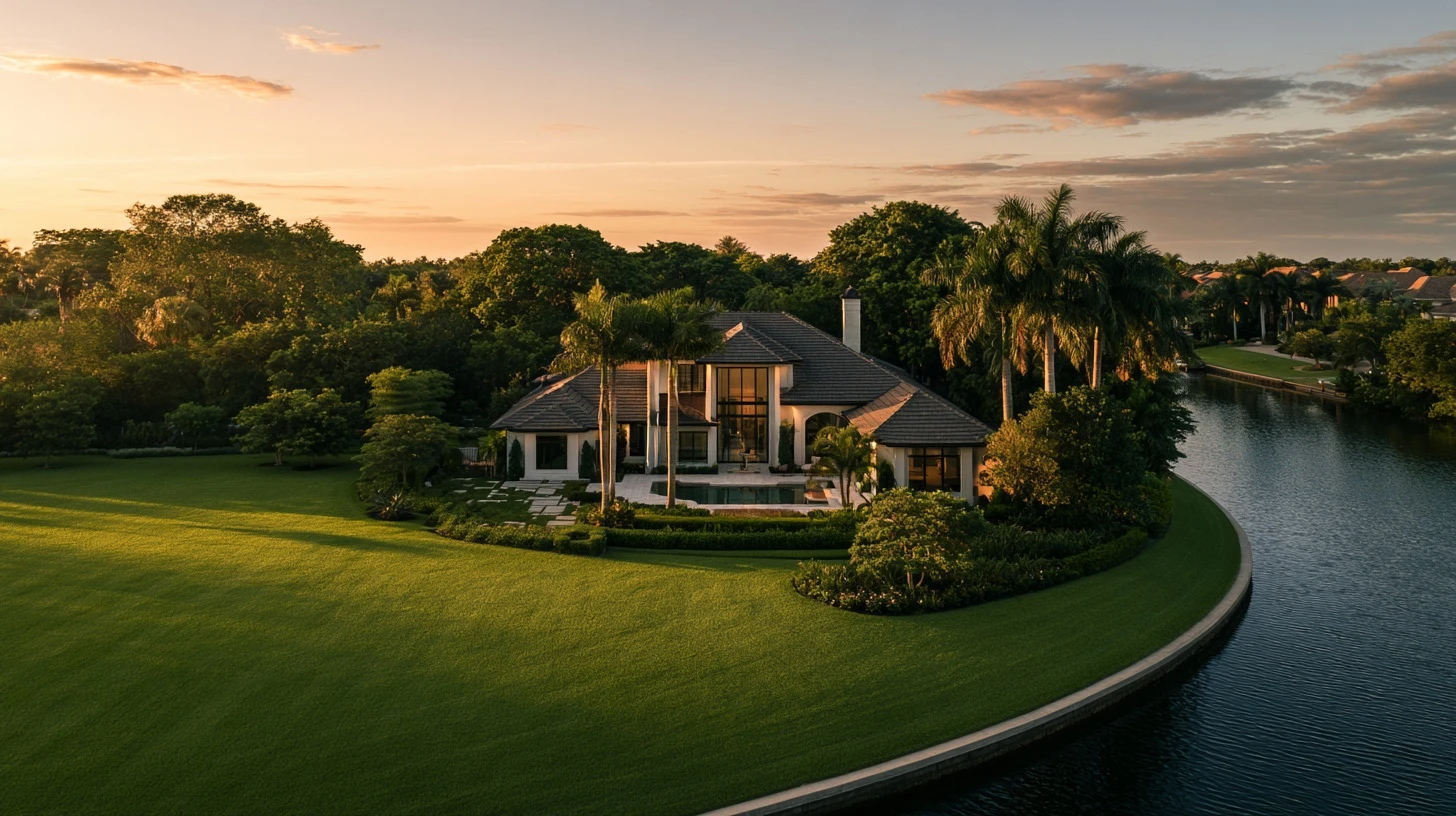 A screened Southwest Florida pool and deck seen from above in early evening light