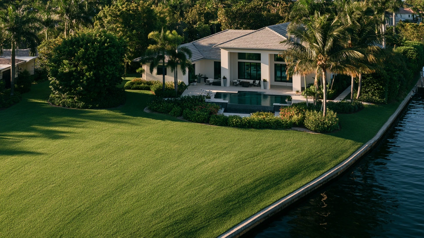 Overhead view of a rectangular Southwest Florida pool and paver deck beside open water