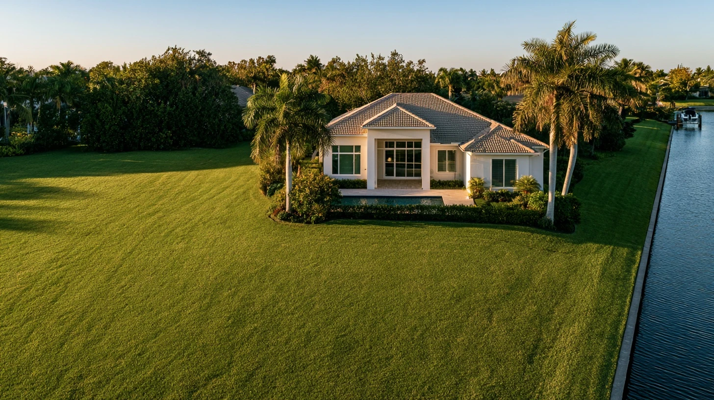 Aerial view of a detached single family home on a Southwest Florida waterway at golden hour