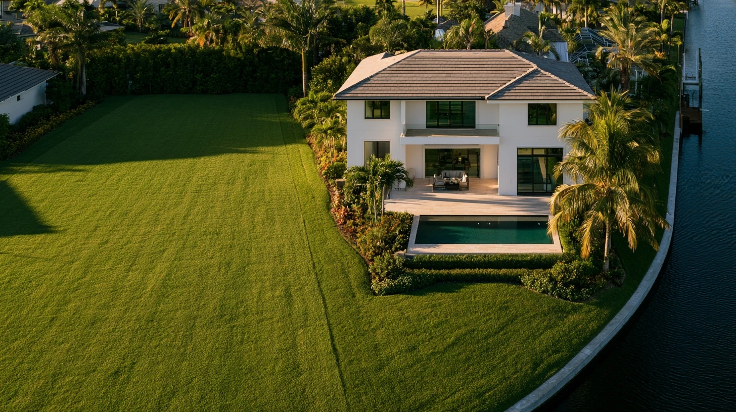 Overhead view of a waterfront Southwest Florida home, pool and deck
